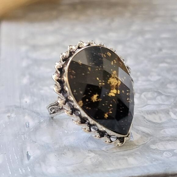 Black and Gold Stone Statement rings,  1.16 Inch Stone, Size 8.5 - Picture 1 of 10